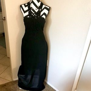 ANGL BLACK DETAILED LONG EVENING DRESS